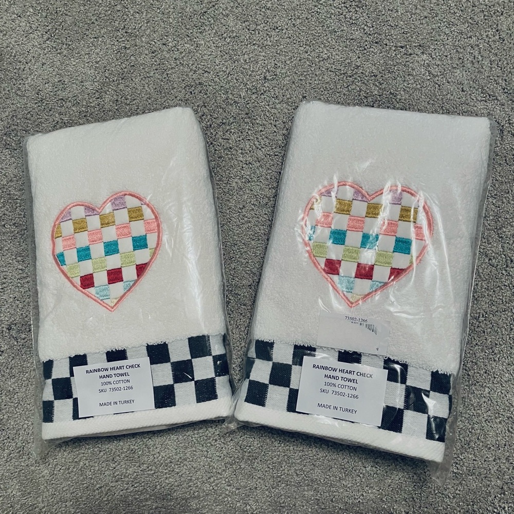 Pair of Mackenzie Childs Rainbow Heart Check Embroidered Hand Towels NWT